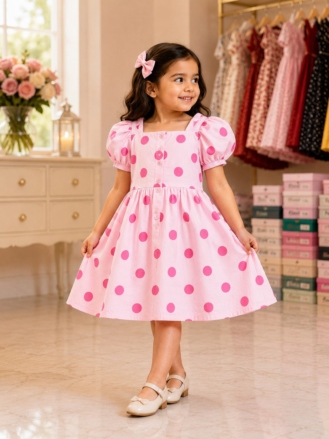 Girls Pink Polka Dot Dress with Puff Sleeves & Bow