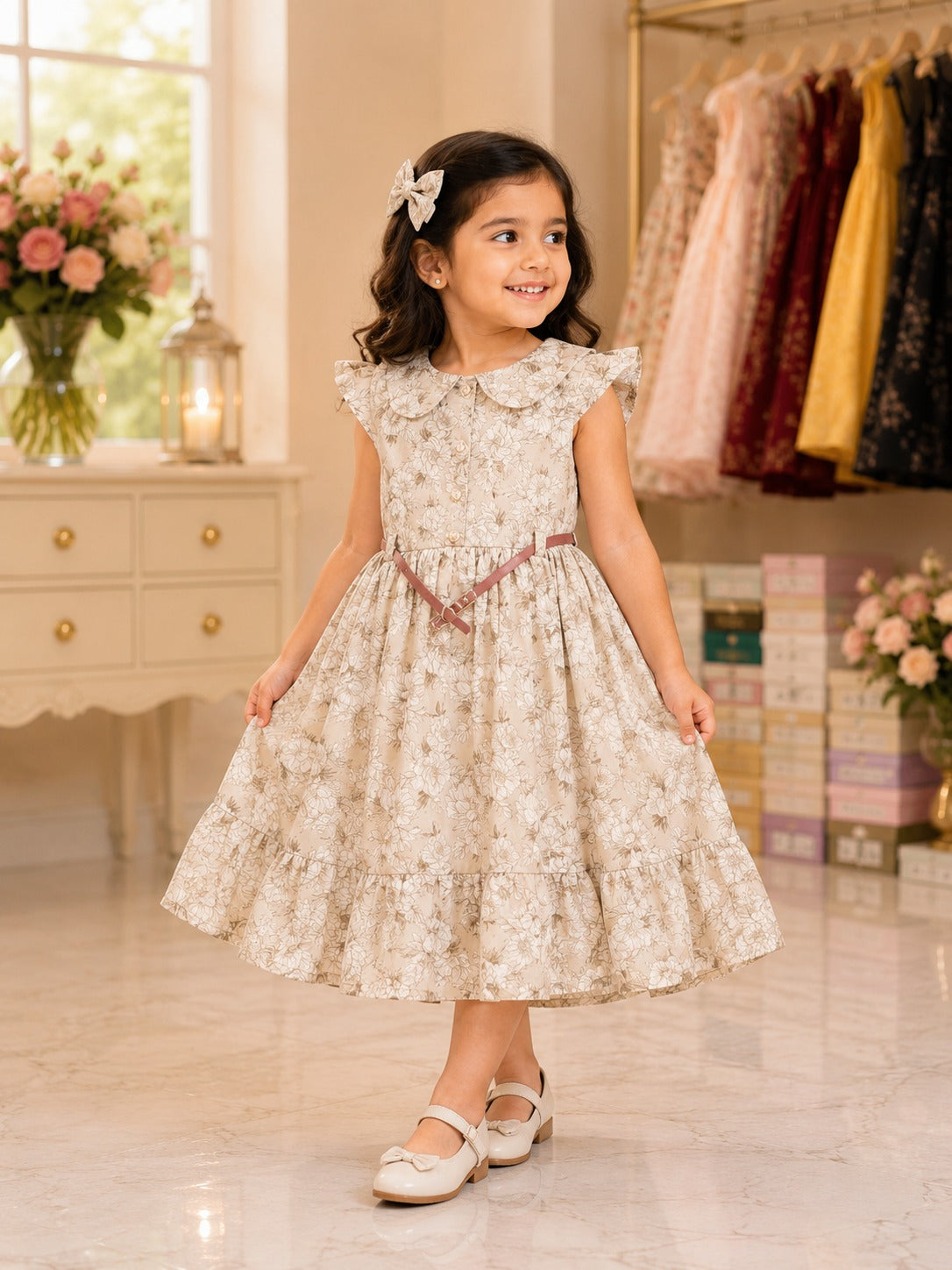Girls Beige Floral Dress with Ruffle Sleeves & Bow