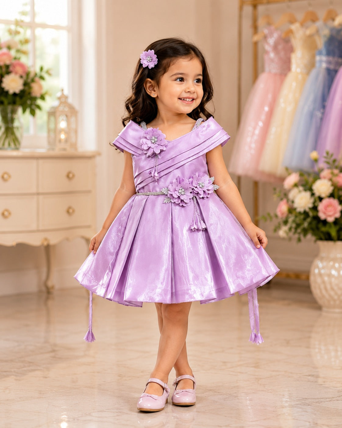 Girls Lavender Sparkly Party Dress with Floral Embellishments
