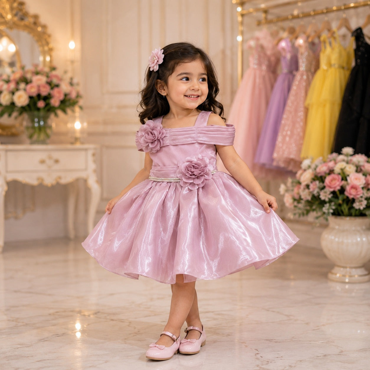 Girls Light Pink Floral Party Dress with Bow & Embellishments