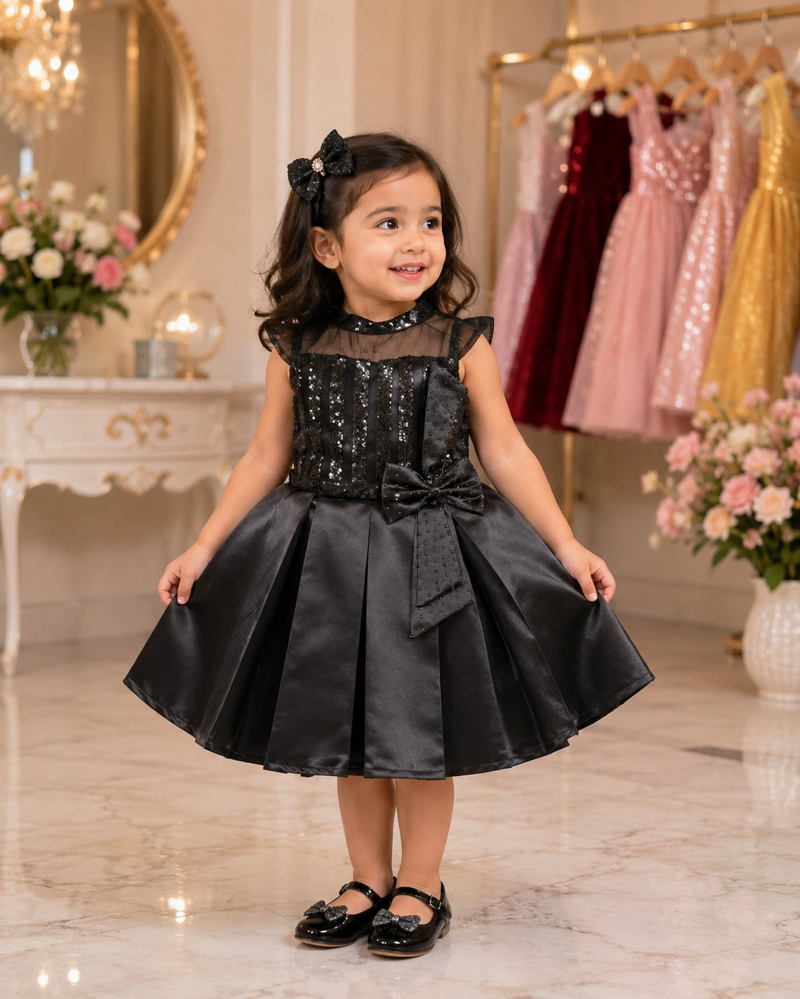 Girls Black Sequin Satin Party Dress with Bow