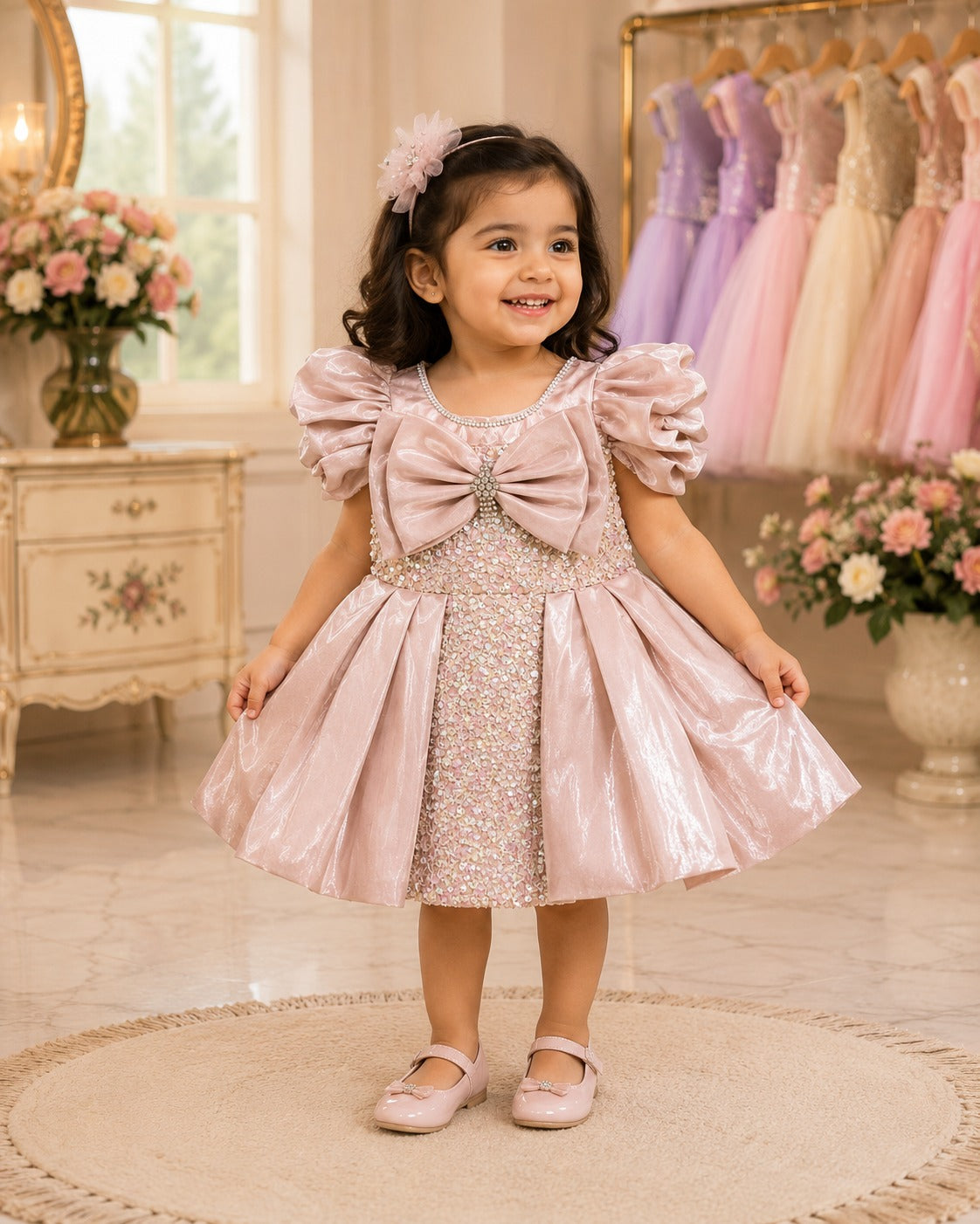 Girls Light Pink Sparkly Dress with Puff Sleeves & Bow