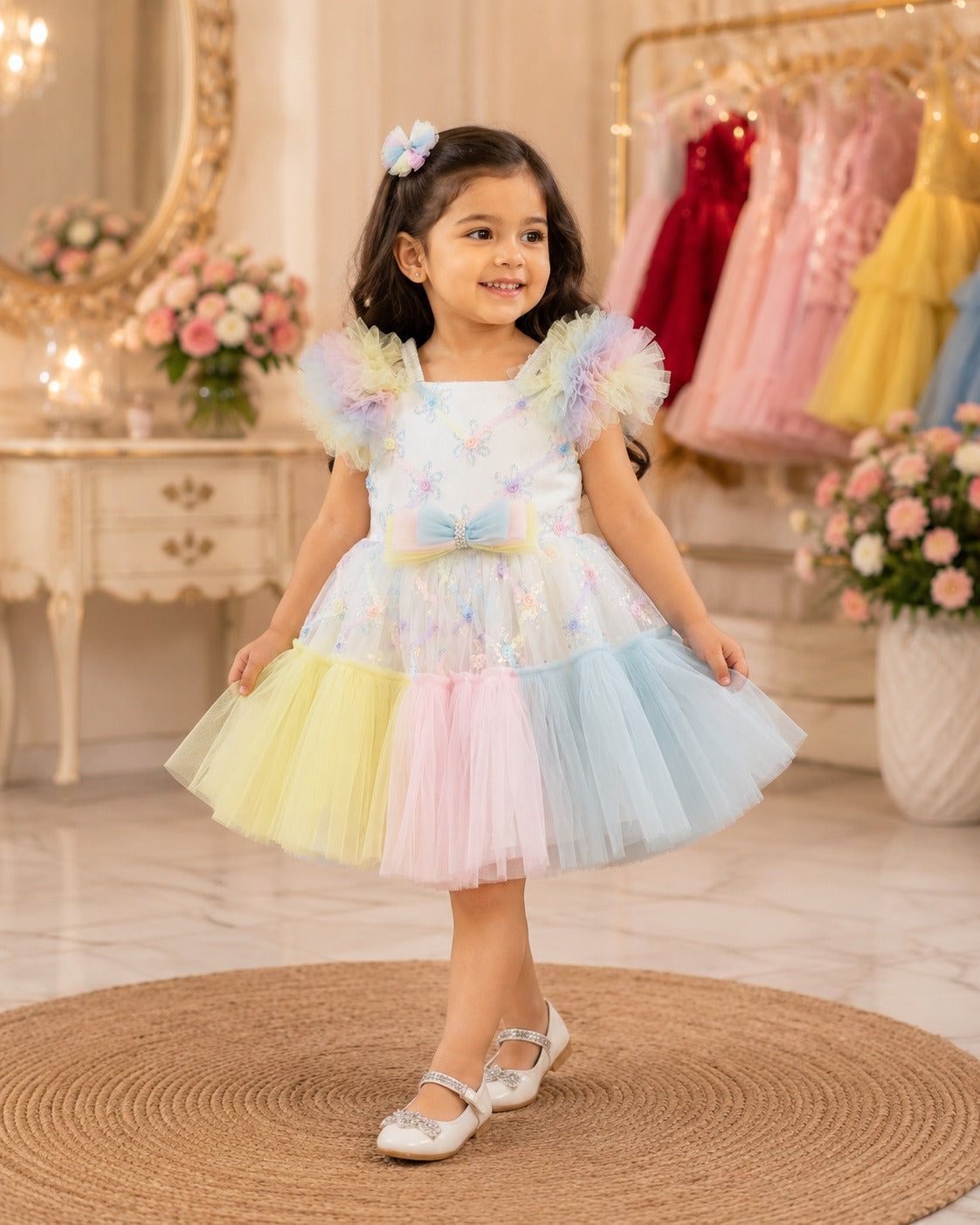 Girls Pastel Rainbow Tulle Party Dress with Sequins & Bow