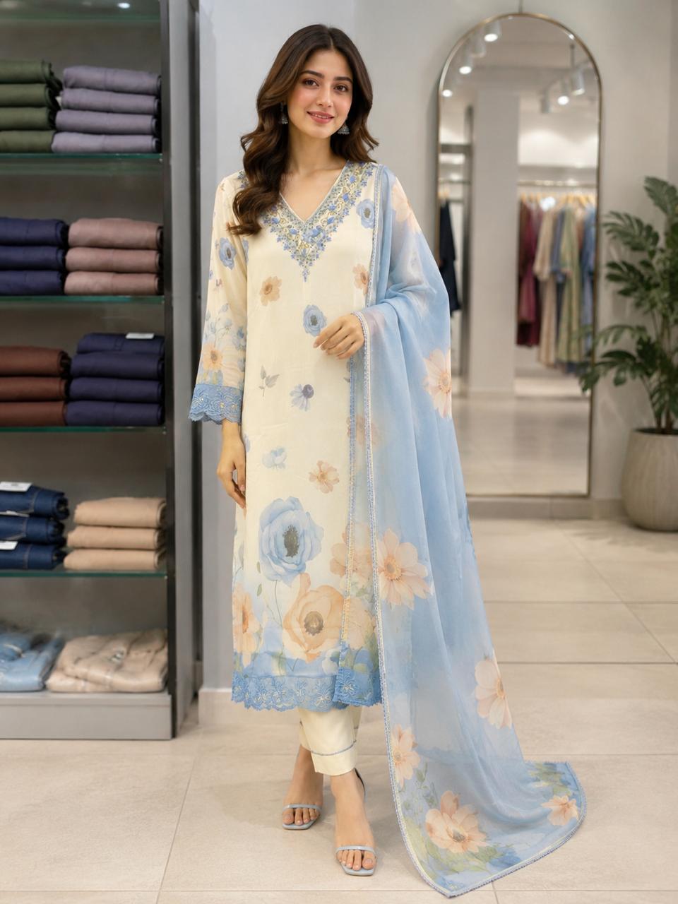Elegant Embroidered Floral 3 Piece Suit for Women – Summer Collection