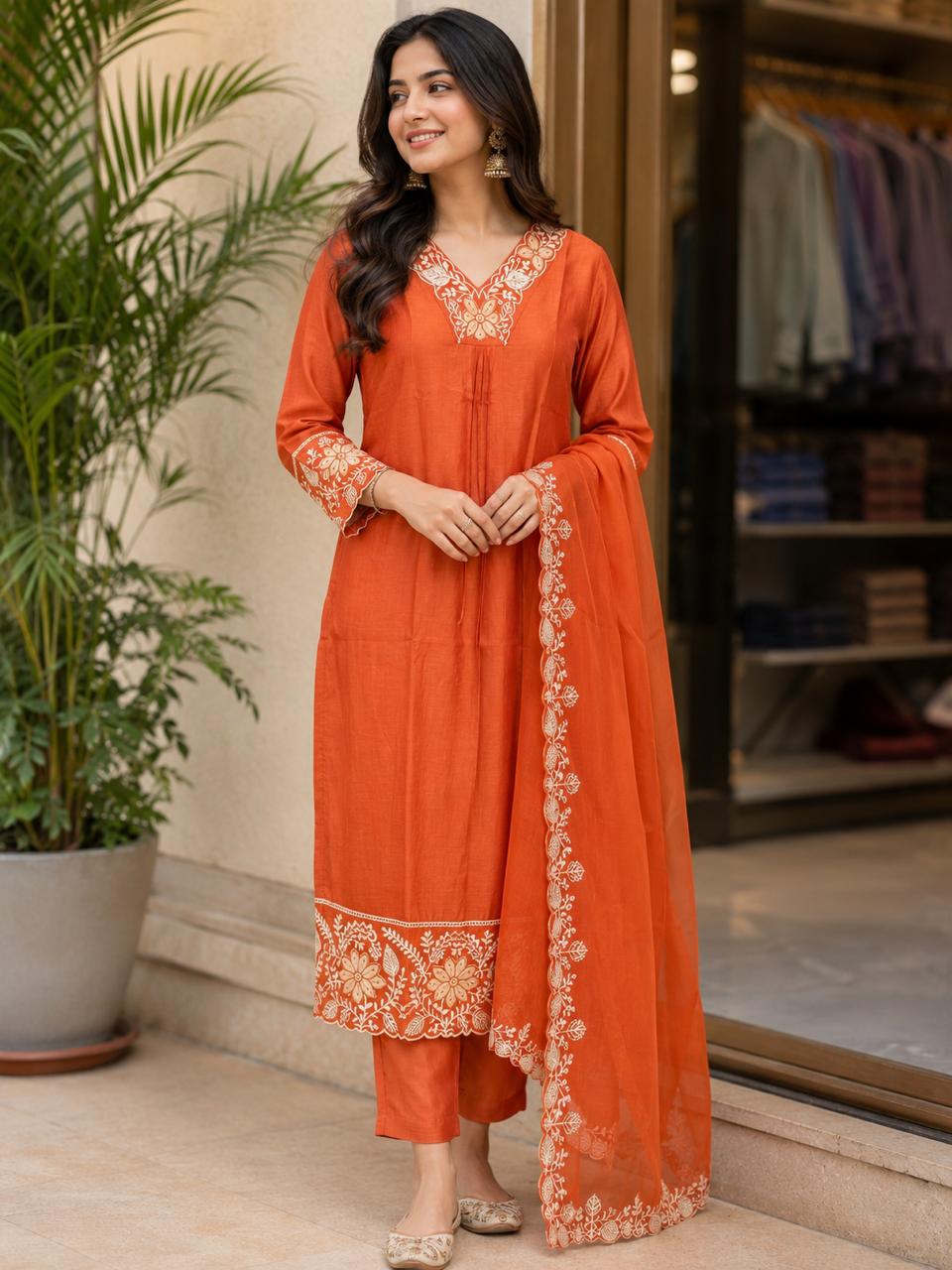 Women’s Rust Orange Embroidered Kurta Pant Set with Dupatta – Elegant Ethnic Wear for Festive & Casual Occasions
