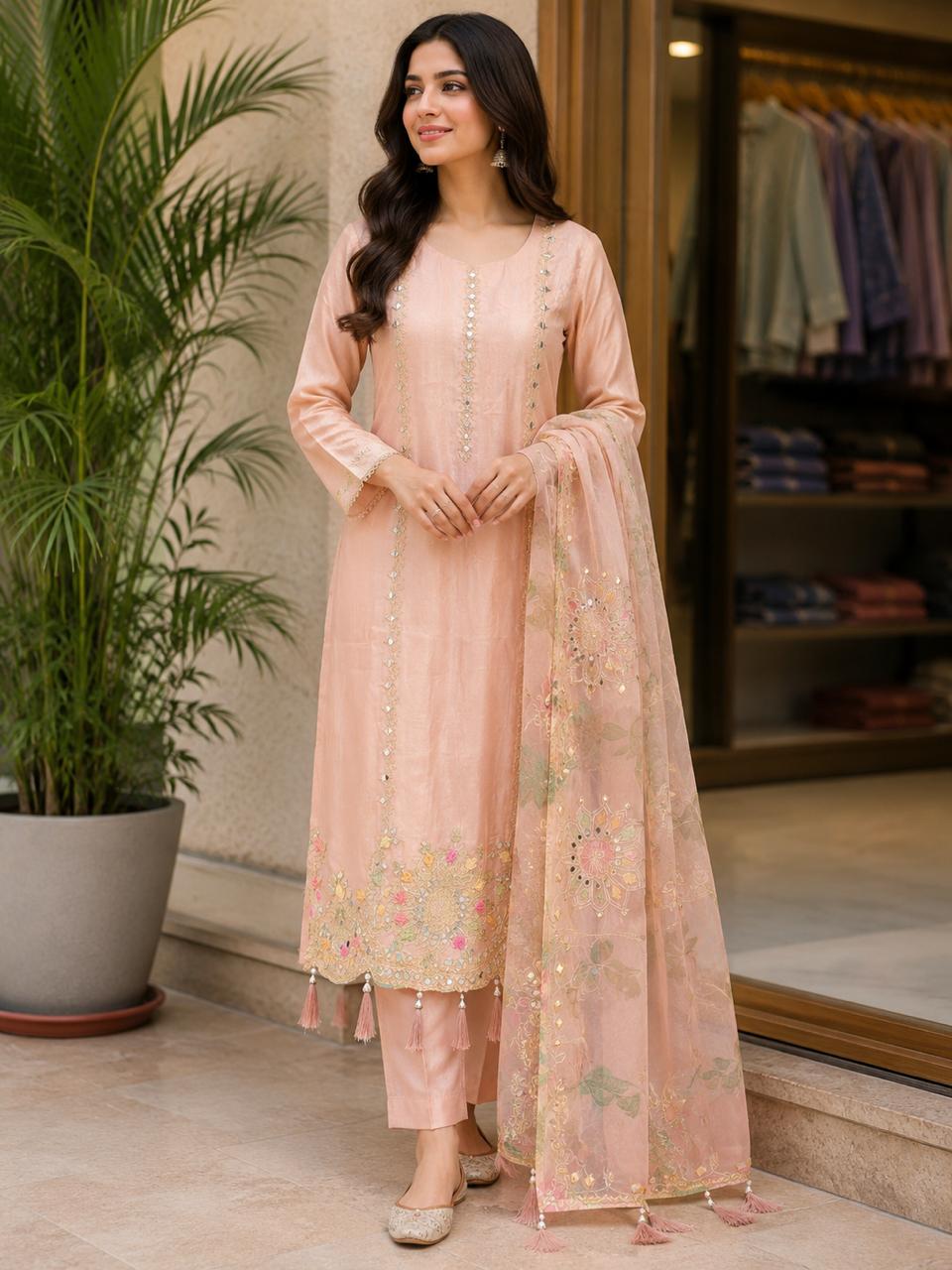 Women’s Blush Pink Embroidered Kurta Pant Set with Organza Dupatta – Elegant Festive Ethnic Wear