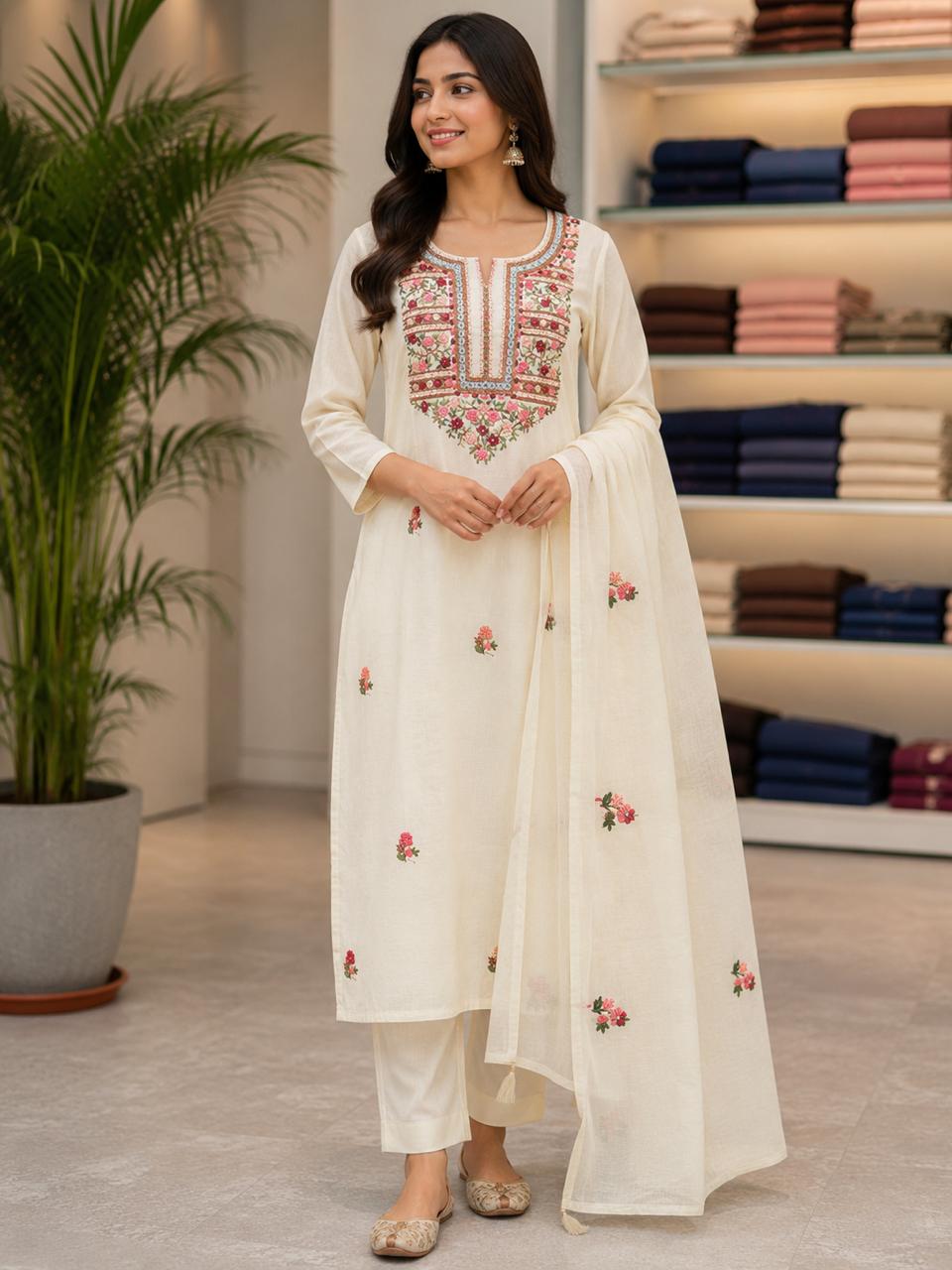 Women’s Off-White Floral Embroidered Kurta Pant Set with Dupatta – Elegant Ethnic Wear for Festive & Casual Occasions