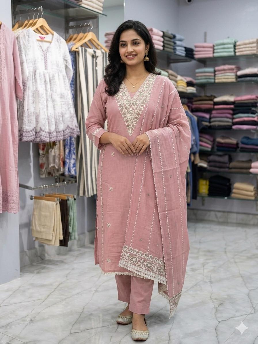 Women’s Blush Pink Embroidered Kurta Pant Set with Dupatta – Elegant Ethnic Wear for Festive & Casual Occasions