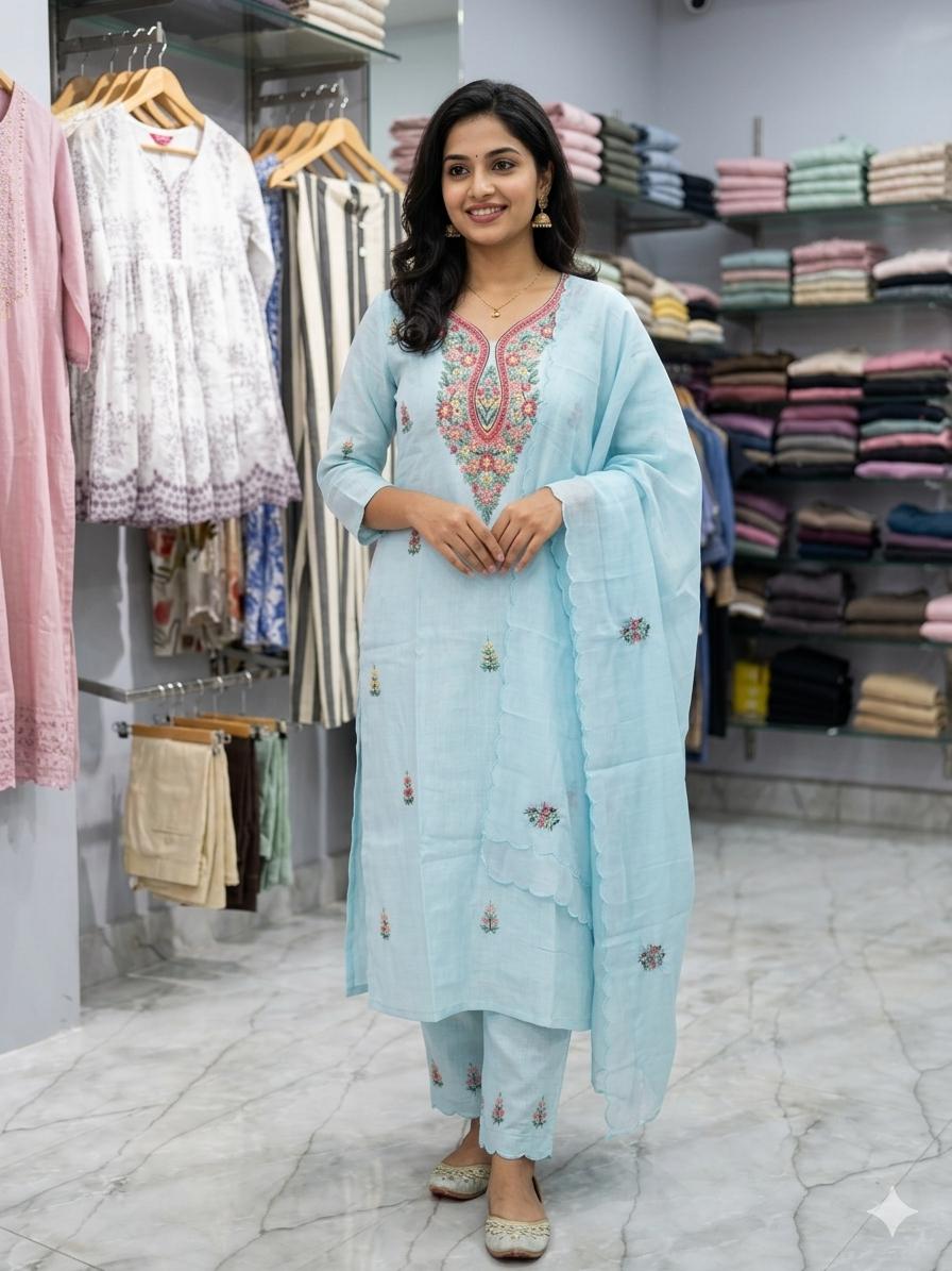 Sky Blue Floral Embroidered Kurta Set for Women with Matching Dupatta