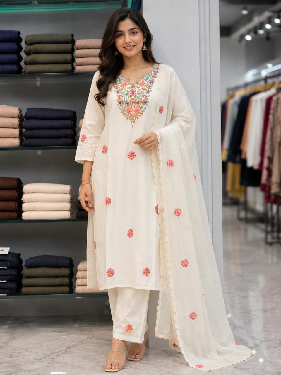 Women’s Off White Floral Embroidered Kurta Pant Set with Dupatta – Elegant Ethnic Wear for Festive & Casual Occasions