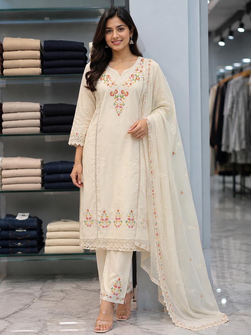 Women’s Elegant Cream Floral Embroidered Kurta Pant Set with Dupatta – Premium Ethnic Wear for Festive & Casual Occasions