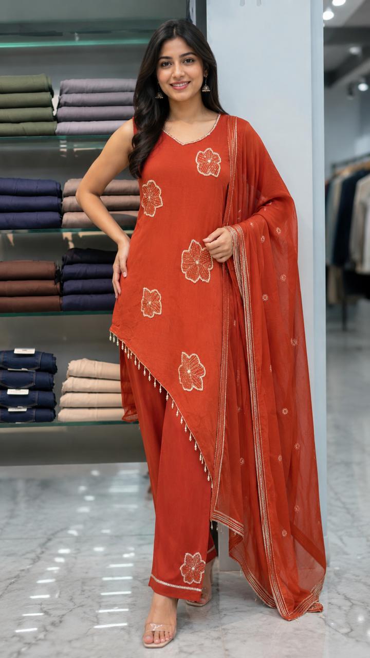 Women’s Premium Rust Orange Ethnic Kurta Set with Floral Embroidery & Dupatta