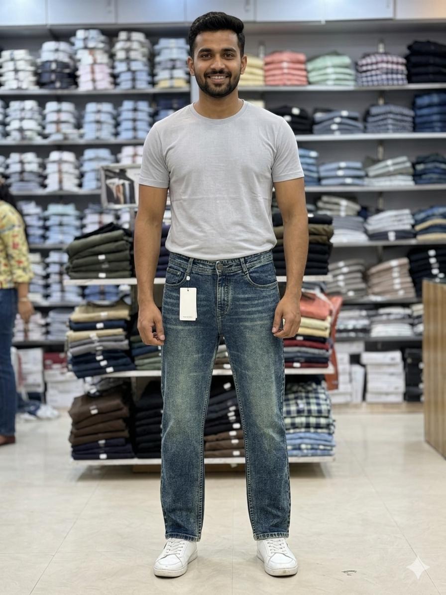 Men’s Classic Blue Straight Fit Jeans – Premium Washed Denim for Casual Everyday Style