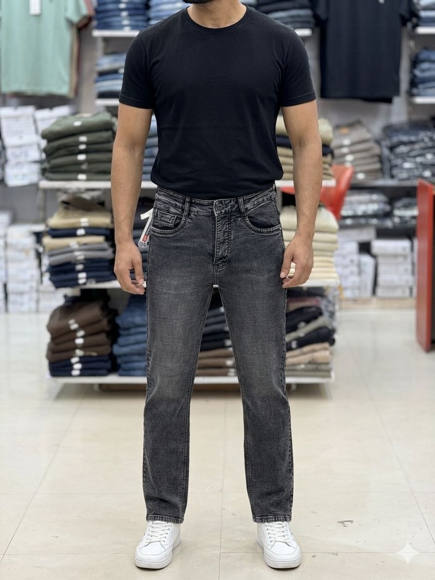 Men’s Washed Charcoal Grey Straight Fit Jeans – Premium Casual Denim