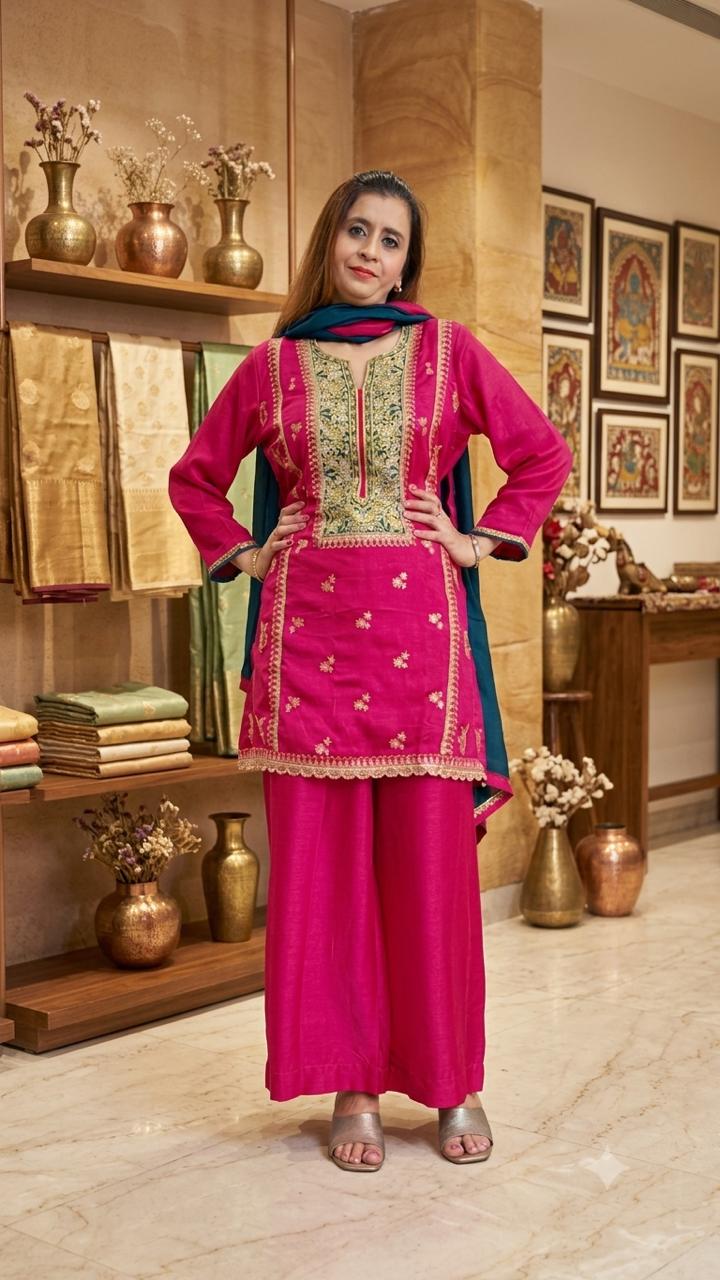 Premium Pink Embroidered Kurta Set with Teal Dupatta – Elegant Women's Ethnic Wear 💗✨