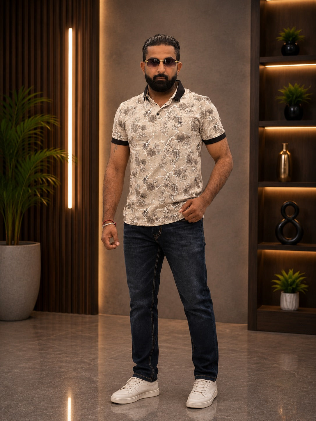 **Men’s Printed Casual T-Shirt with Blue Pants – Stylish Modern Smart Casual Outfit**