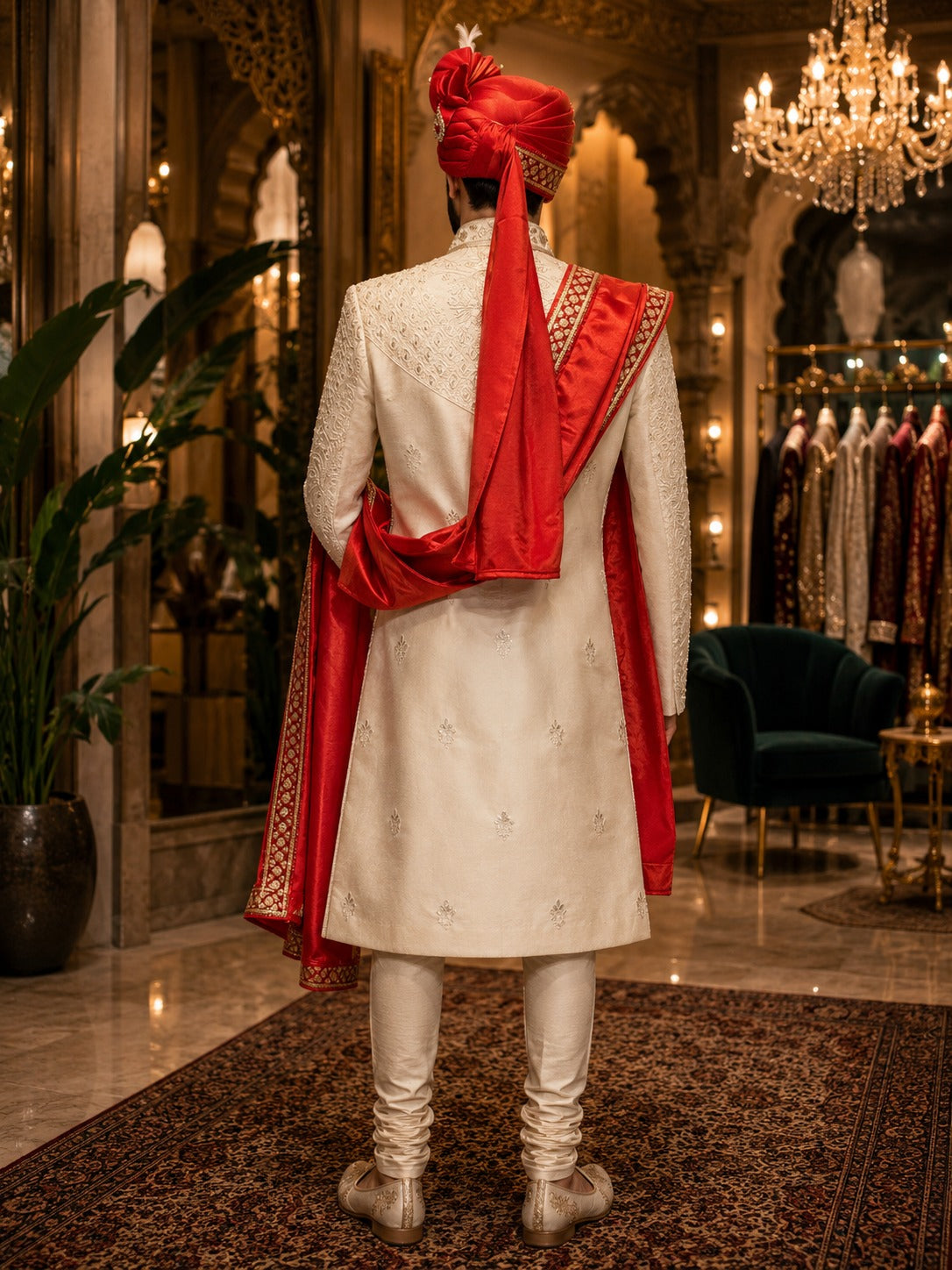 Ivory Sherwani with Red Dupatta & Turban