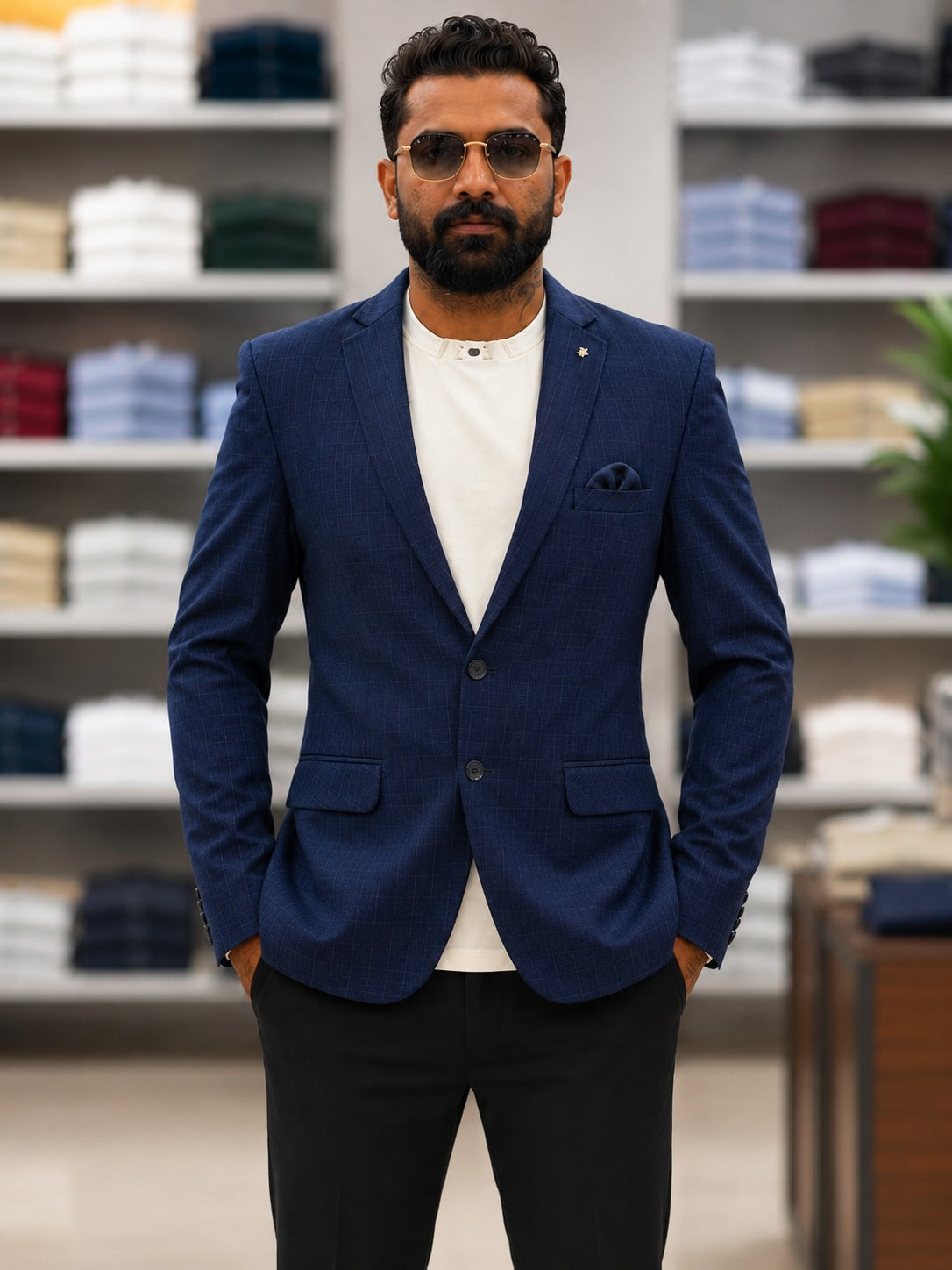 Dark Blue Checkered Blazer with Pocket Square