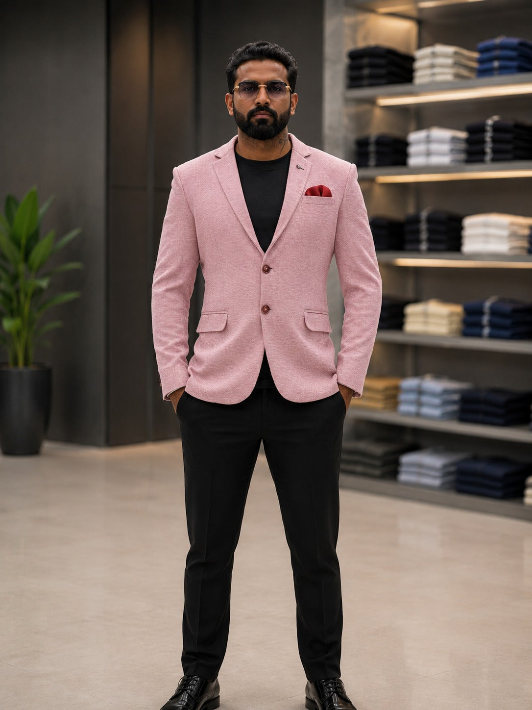 Light Pink Blazer with Red Pocket Square