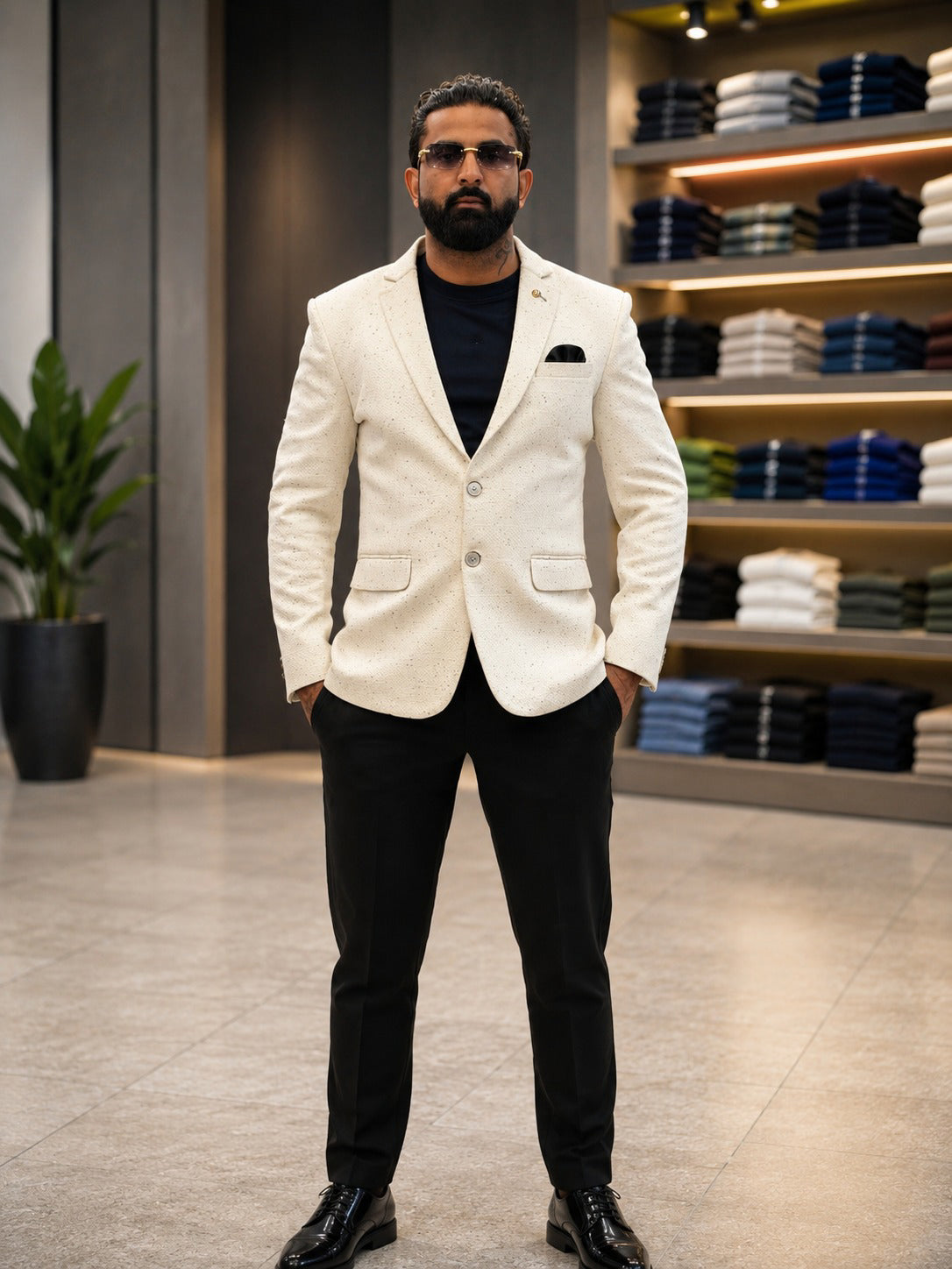 White Textured Blazer with Black Shirt