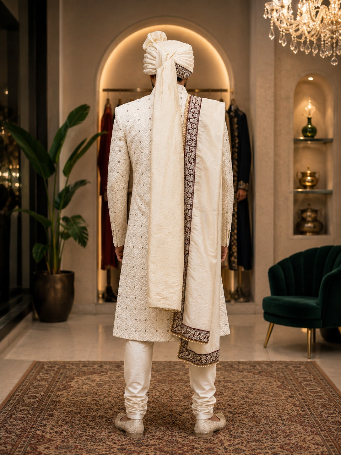 Cream Embroidered Sherwani with Turban & Dupatta