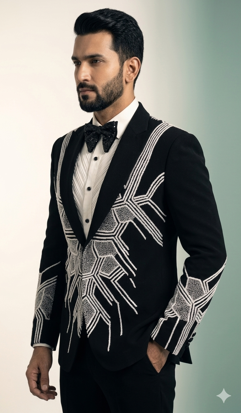 Black Designer Embroidered Tuxedo Suit