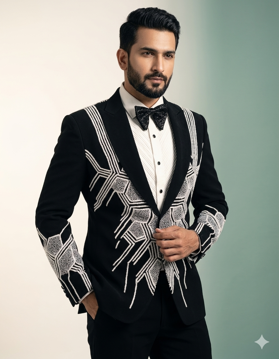 Black Designer Embroidered Tuxedo Suit