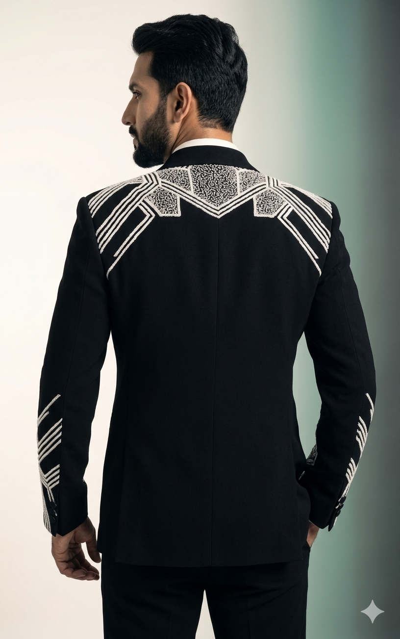 Black Designer Embroidered Tuxedo Suit